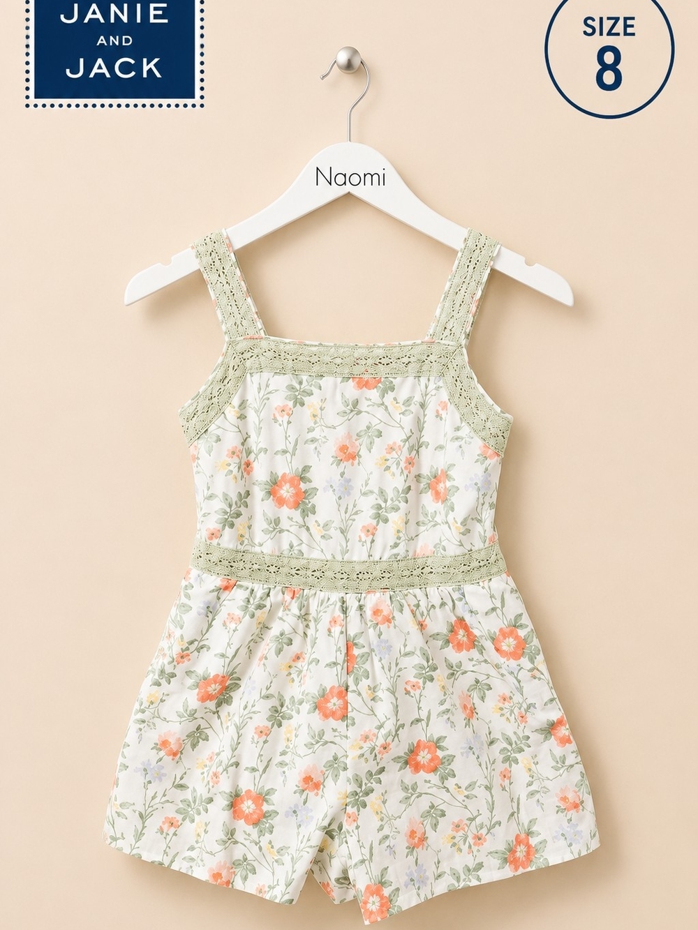 Janie and Jack Peach Floral Lace-Trim Romper
